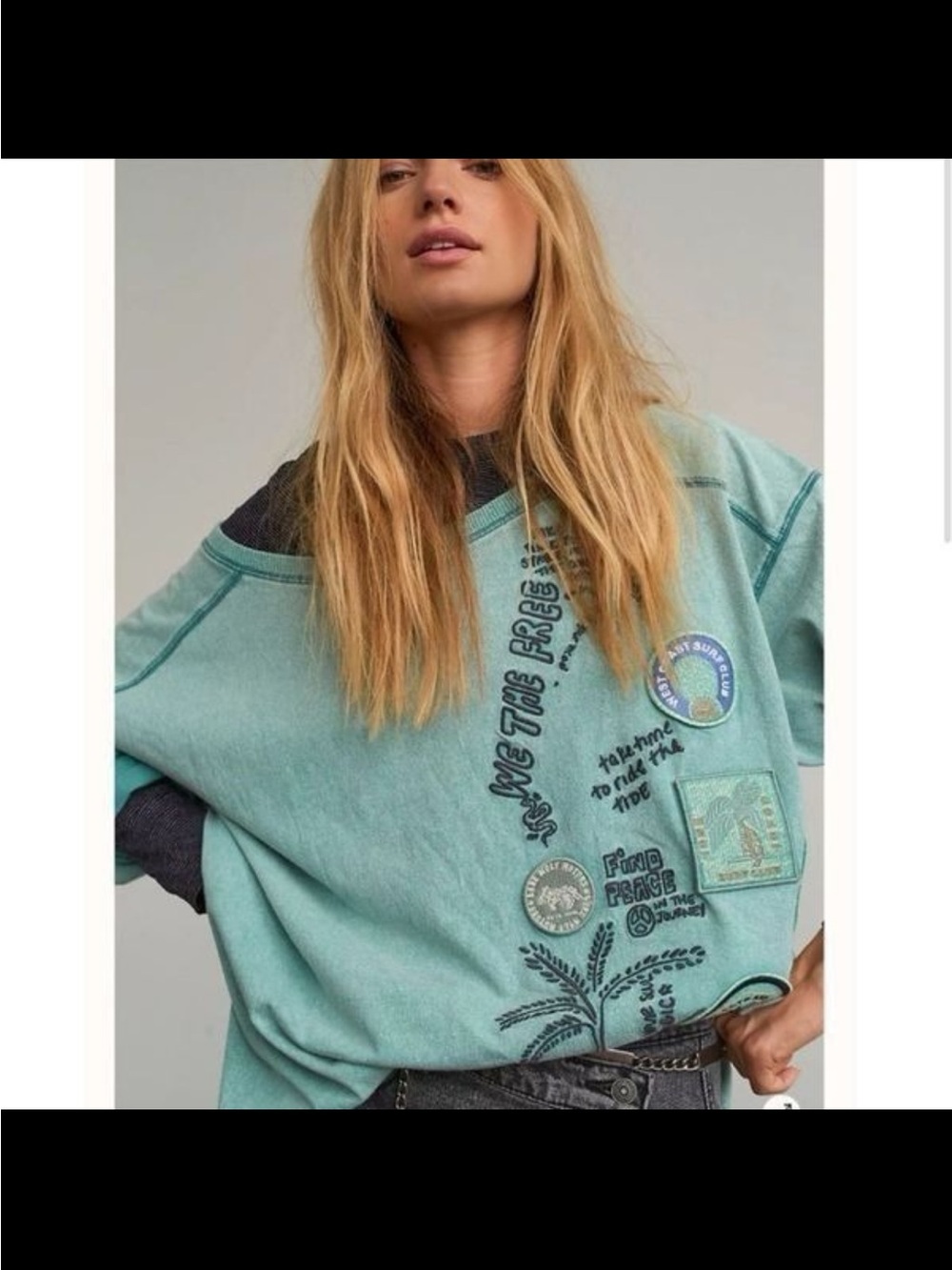 WE THE FREE By Free People: “Ivy” Surf Patchwork Graphic Long Sleeve Tee NWOT